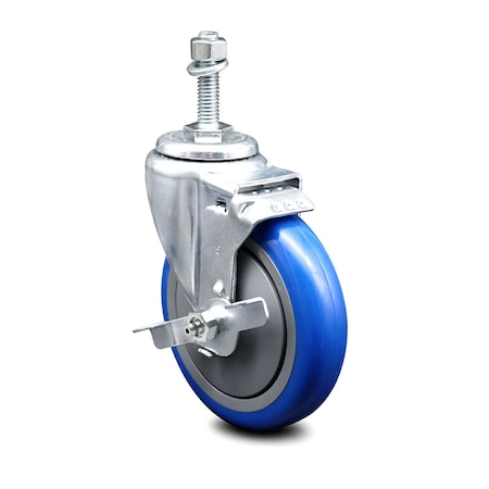 5 Inch Blue Polyurethane Wheel Swivel 3/8 Inch Threaded Stem Caster With Brake